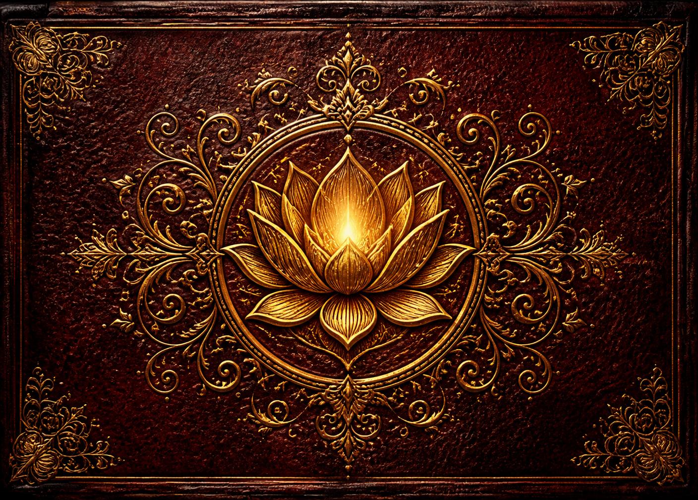 Golden lotus emblem embossed on a deep maroon leather cover representing The Masuda Prayer